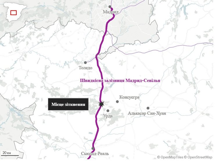 карто с местом железнодорожной катастрофы в Испании 28 октября